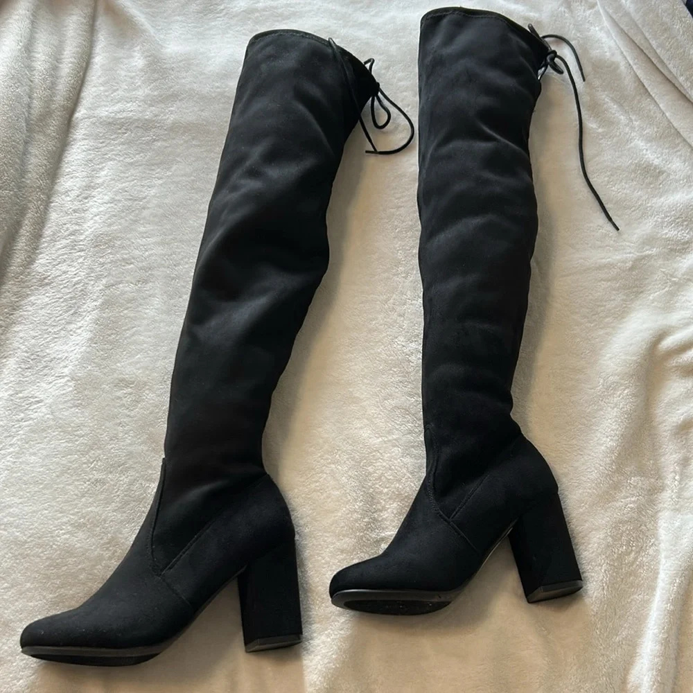 Chinese Laundary Krush Size 6 Over the Knee Boot Black Faux Suede Pull On Tie